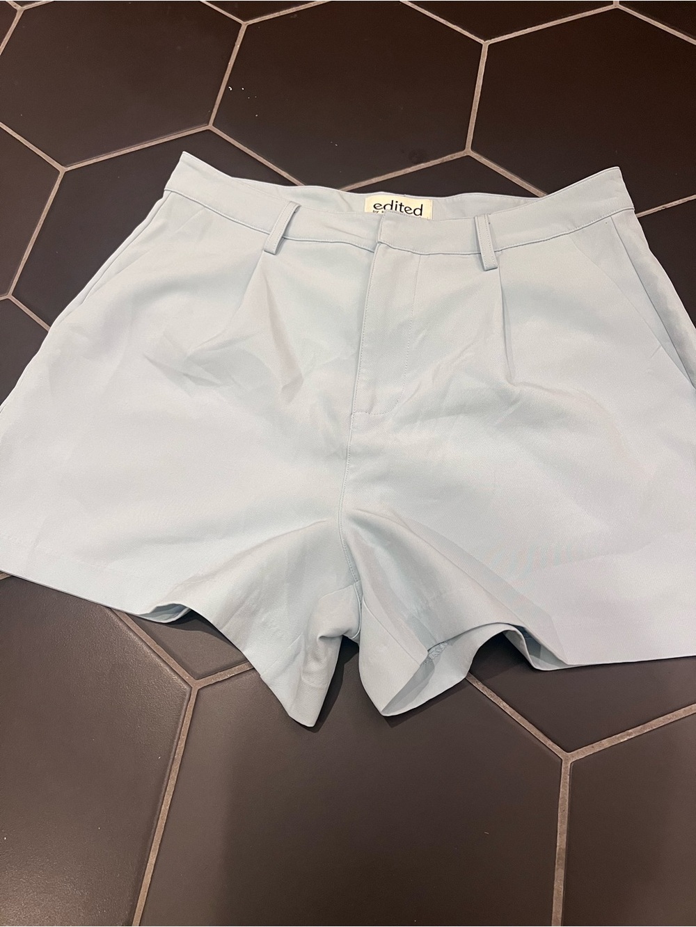 Edited by Remi Bader High-Waist Pale Blue Tailored Shorts Pleated Feminine Look